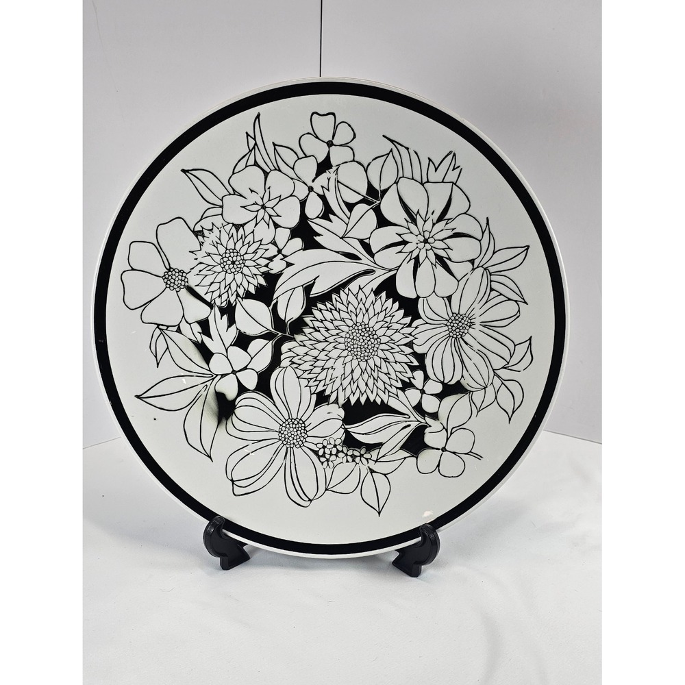 1 Mikasa Bouquet 12" Dinner Plate Cera-Stone A2037 Black White '60s Flower Power
